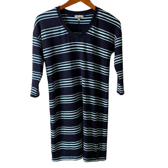 Talbots T by Talbots V-Neck Cotton Modal Stripe Dress Indigo/Gulf Stream Terry - Picture 3 of 16